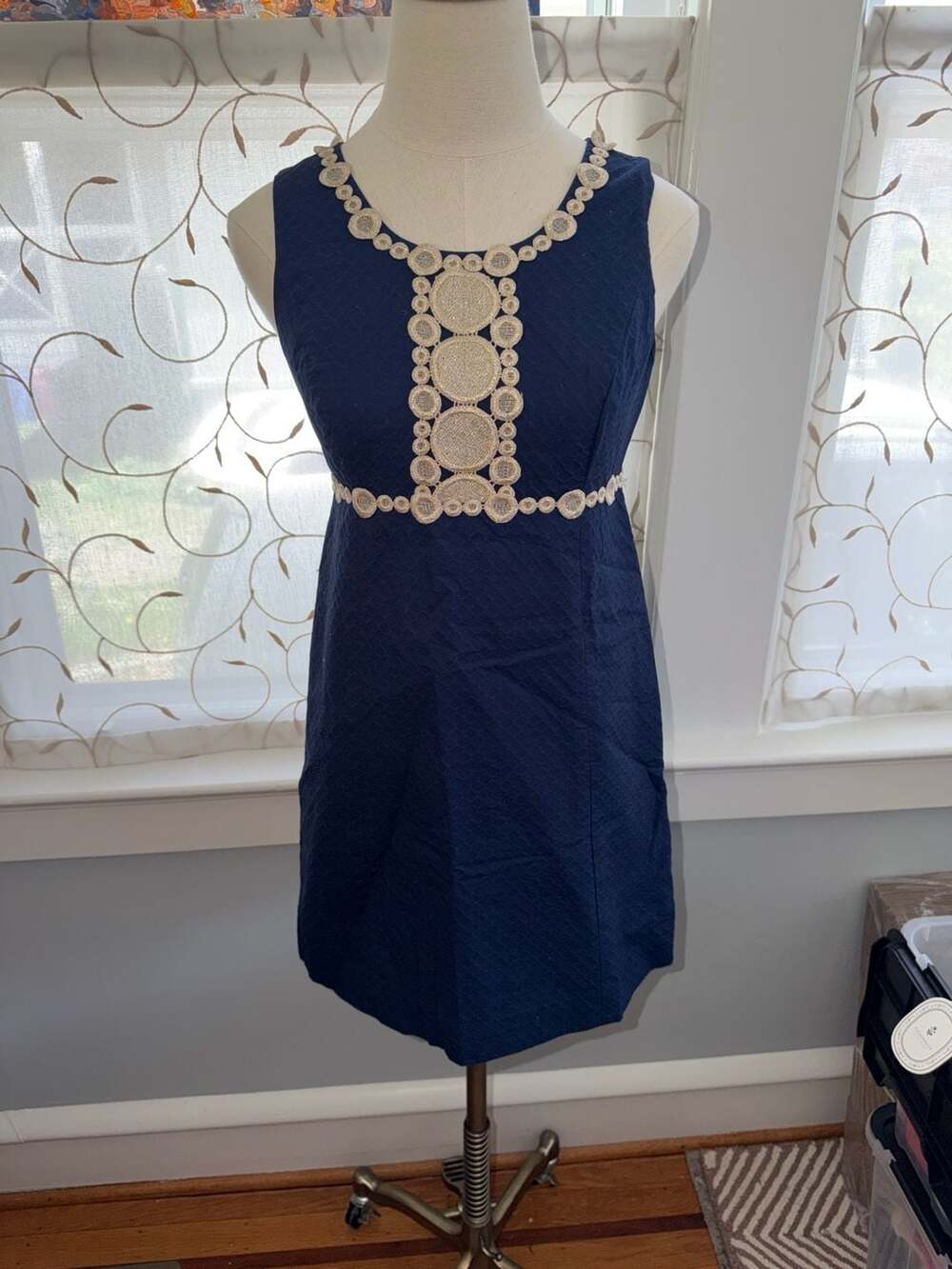 Lilly Pulitzer Navy Blue Cotton Pique Shift Dress with Gold Circle Lace Trim